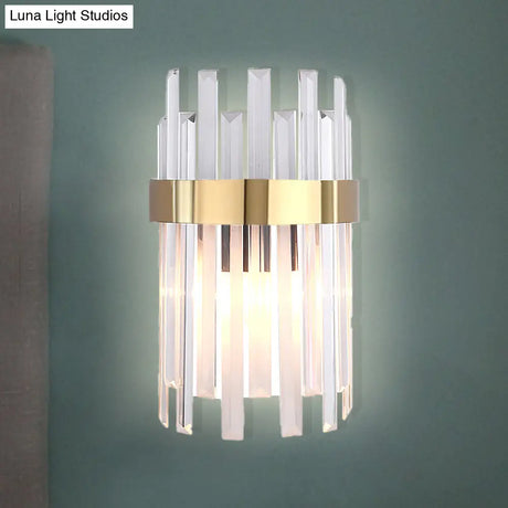 Postmodern Black/Gold Sconce Light Fixture With Crystal Rod Shade - 2 Heads Bedroom Wall