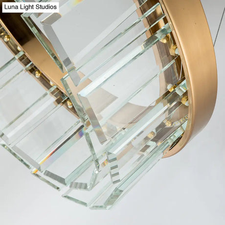 Postmodern Brass Led Crystal Panel Chandelier: Stylish Round Suspension Light Fixture