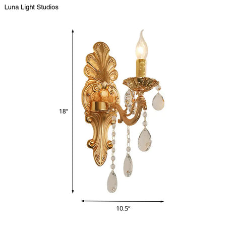 Postmodern Brass Wall Sconce With Crystal Drip Accent - Candelabra Style 1/2 Head Design For Living