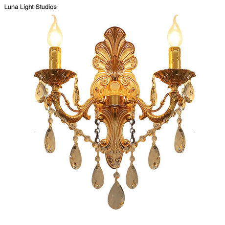 Postmodern Brass Wall Sconce With Crystal Drip Accent - Candelabra Style 1/2 Head Design For Living