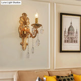 Postmodern Brass Wall Sconce With Crystal Drip Accent - Candelabra Style 1/2 Head Design For Living