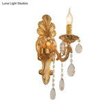 Postmodern Brass Wall Sconce With Crystal Drip Accent - Candelabra Style 1/2 Head Design For Living