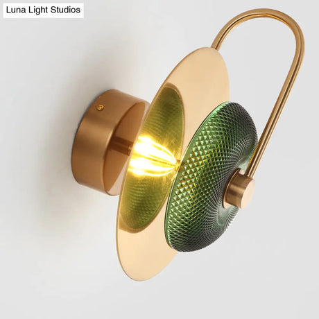 Postmodern Brushed Gold Glass Disc Wall Sconce - Mounted Lamp For Living Room