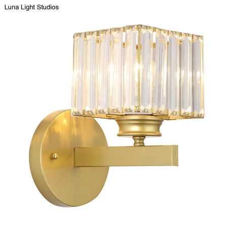Postmodern Crystal Block Wall Sconce With Brass/Black Backplate For Bedroom