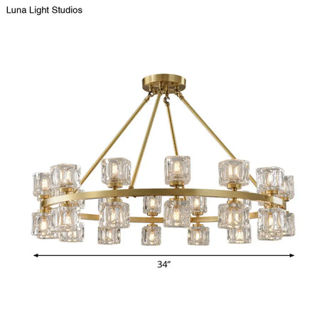 Postmodern Crystal Cube Gold Chandelier - Circle Dining Pendant With 6/12/28 Lights