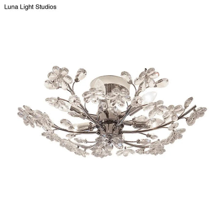 Postmodern Crystal Flower Ceiling Light - 6 Lights Chrome Finish Semi Flush 23’/27.5’ Wide