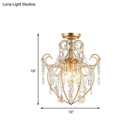 Postmodern Crystal Strand Brass Ceiling Fixture - Curve Arm Semi Flush Mount With 3 Lights