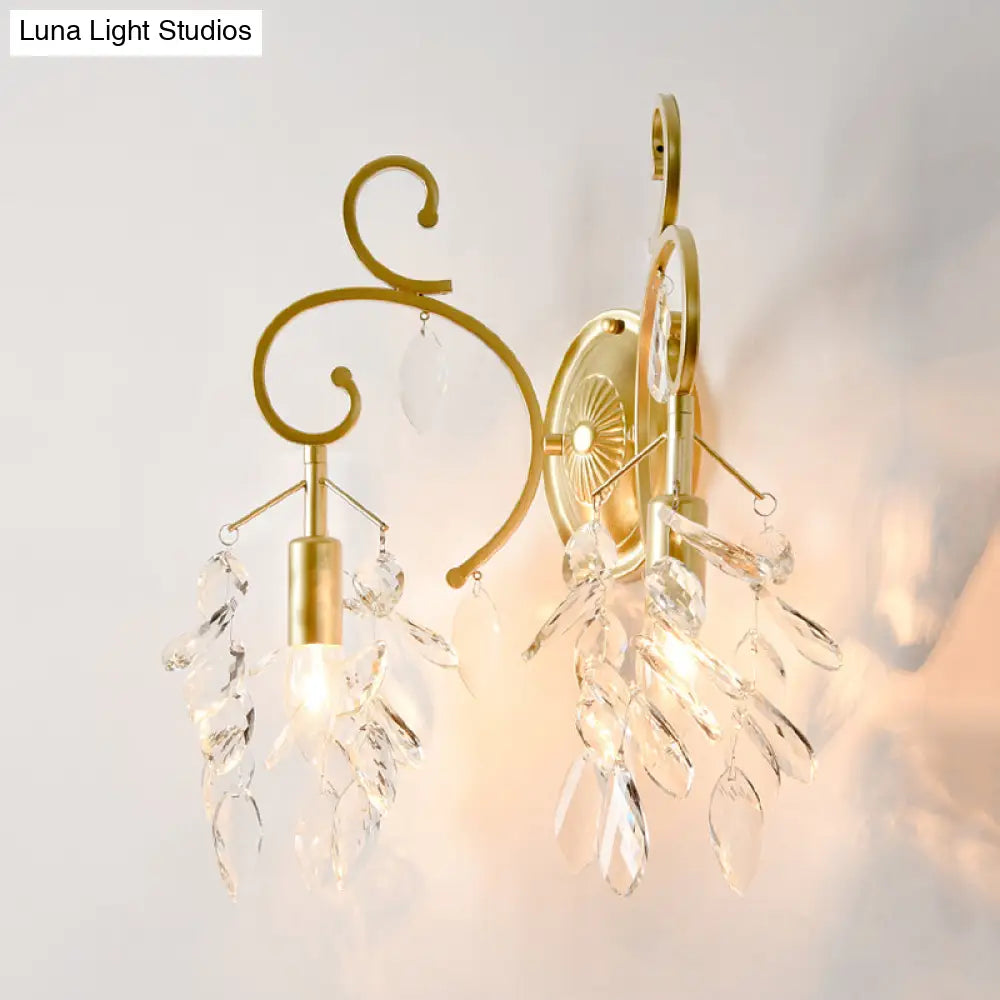 Postmodern Gold Curve Arm Sconce Light Fixture With Crystal Drip - 2 Wall-Mount