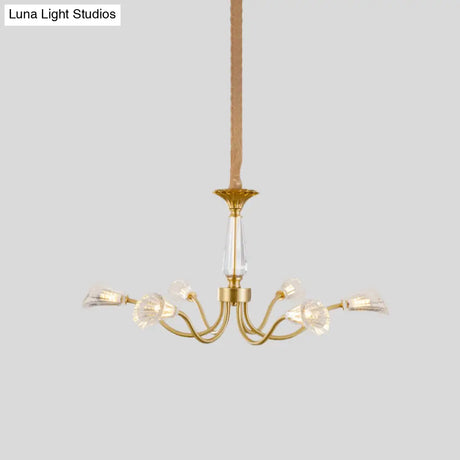 Postmodern Gold Ribbed Crystal Cone Chandelier - 6-Head Burst Design Hanging Light Fixture