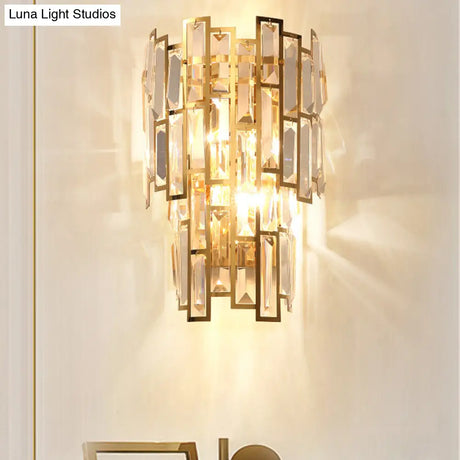 Postmodern Gold Sconce With Crystal Rectangle Shade - 2 Bulbs Living Room Wall Lamp