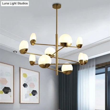 Postmodern Gold Sputnik Chandelier - Metallic 6/8/10-Head Hanging Lamp With Round White Glass Shade