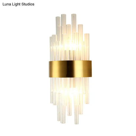 Postmodern Gold Wall Sconce With Fluted Crystal Shade - 2 Head Bedroom Mount Light