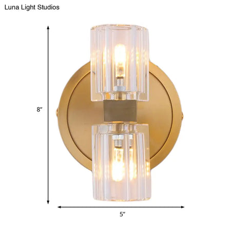 Prismatic Crystal Cylinder Wall Sconce Light - Postmodern 2 Lights Brass Up And Down Mount