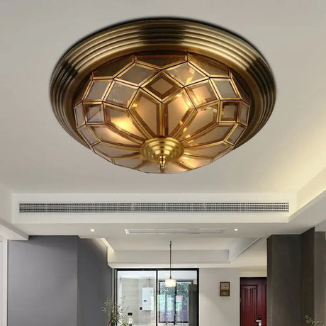 Prismatic Frosted Glass Flush Light Fixture - 3/4 Lights Bedroom Lighting In Brass 14 - 18’ Wide