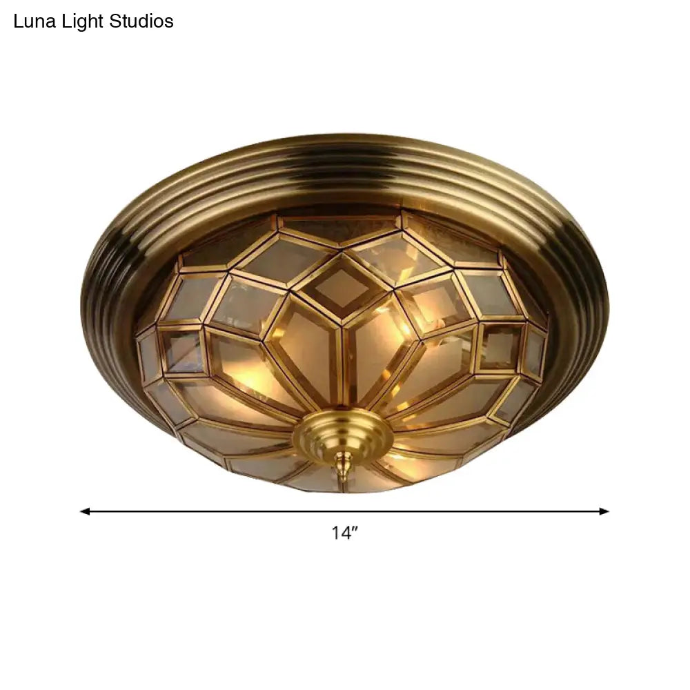 Prismatic Frosted Glass Flush Light Fixture - 3/4 Lights Bedroom Lighting In Brass 14 - 18’ Wide