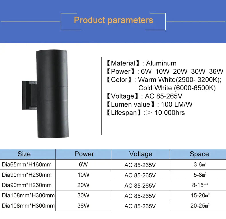 Black Gray Up Down Outdoor Wall Light 6W 10W 20W 30W 36W Porch Garden Waterproof Home Lighting