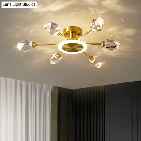 Radiant Bedroom Elegance: Post-Modern Gold Led Ceiling Light With Crystal Block Radial Design