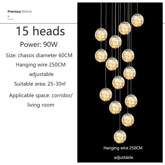 Raloo - Modern Led Glass Ball Chandelier 15 Heads / Transparent Glass Cold White Pendant Lighting