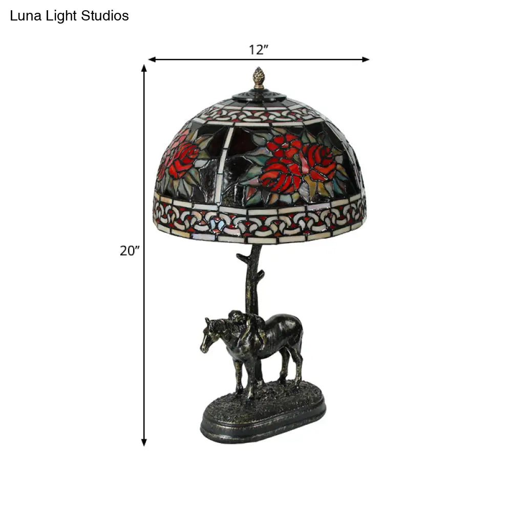 Rastaban - Vintage Stained Glass Bronze Desk Lamp Bowl 1-Bulb Night Table Light With Boy On Horse