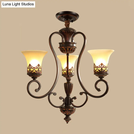 Red-Black Flared Shade Ceiling Lighting - Traditional Frosted Glass Chandelier For Living Room