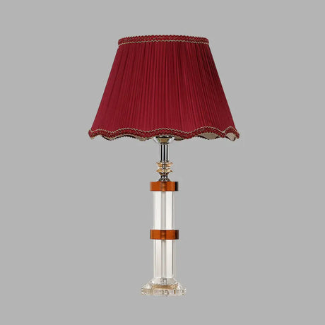 Red Fabric Shade Crystal Rectangle Night Lamp - Simple 1 Light Bedroom Table