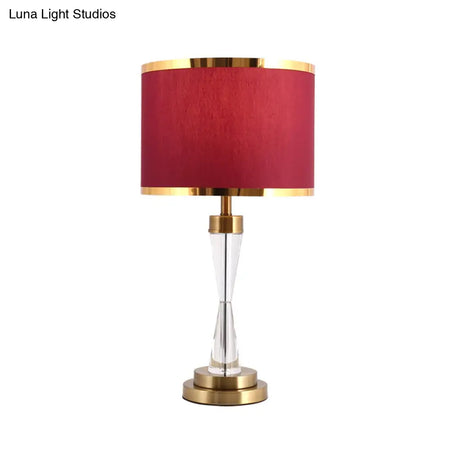 Red Fabric Shade Round Table Lamp With Traditional Crystal Ideal For Living Room Night Stand