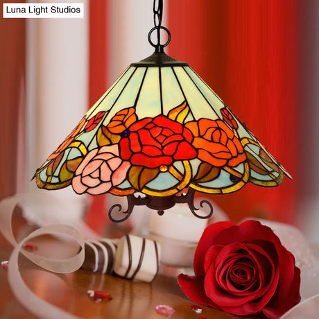 Red Stained Glass Tiffany-Style Floral Chandelier: 3-Light Bronze Ceiling Pendant