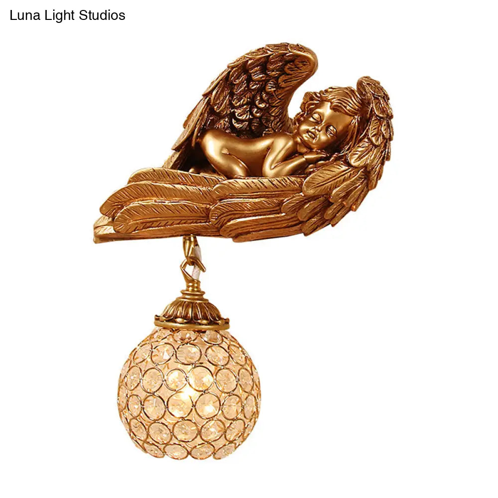 Resin 1-Head Dark Gold Wall Mounted Lamp With Globe Faceted Crystal Shade - Sleeping Angel Hallway