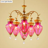 Restaurant Brass Chandelier With Curved Arms 6 Multicolored Glass Suspension Pendants