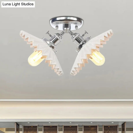 Restaurant Ceiling Light With Scalloped Milk Glass Shade In Black/Bronze Semi-Flush Mount