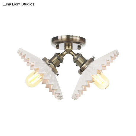 Restaurant Ceiling Light With Scalloped Milk Glass Shade In Black/Bronze Semi-Flush Mount