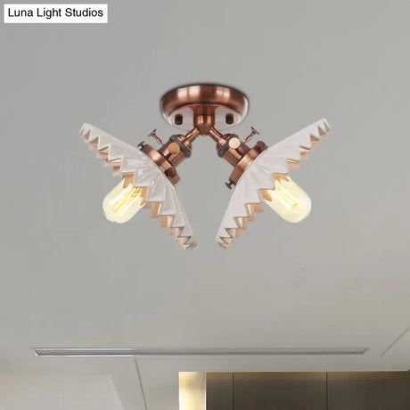 Restaurant Ceiling Light With Scalloped Milk Glass Shade In Black/Bronze Semi-Flush Mount
