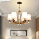 Retro 6/8-Bulb Frosted Glass Cylinder Pendant Light With Landscape Print- Ideal For Living Rooms