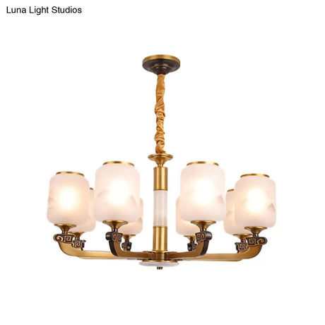 Retro 6/8-Bulb Frosted Glass Cylinder Pendant Light With Landscape Print- Ideal For Living Rooms