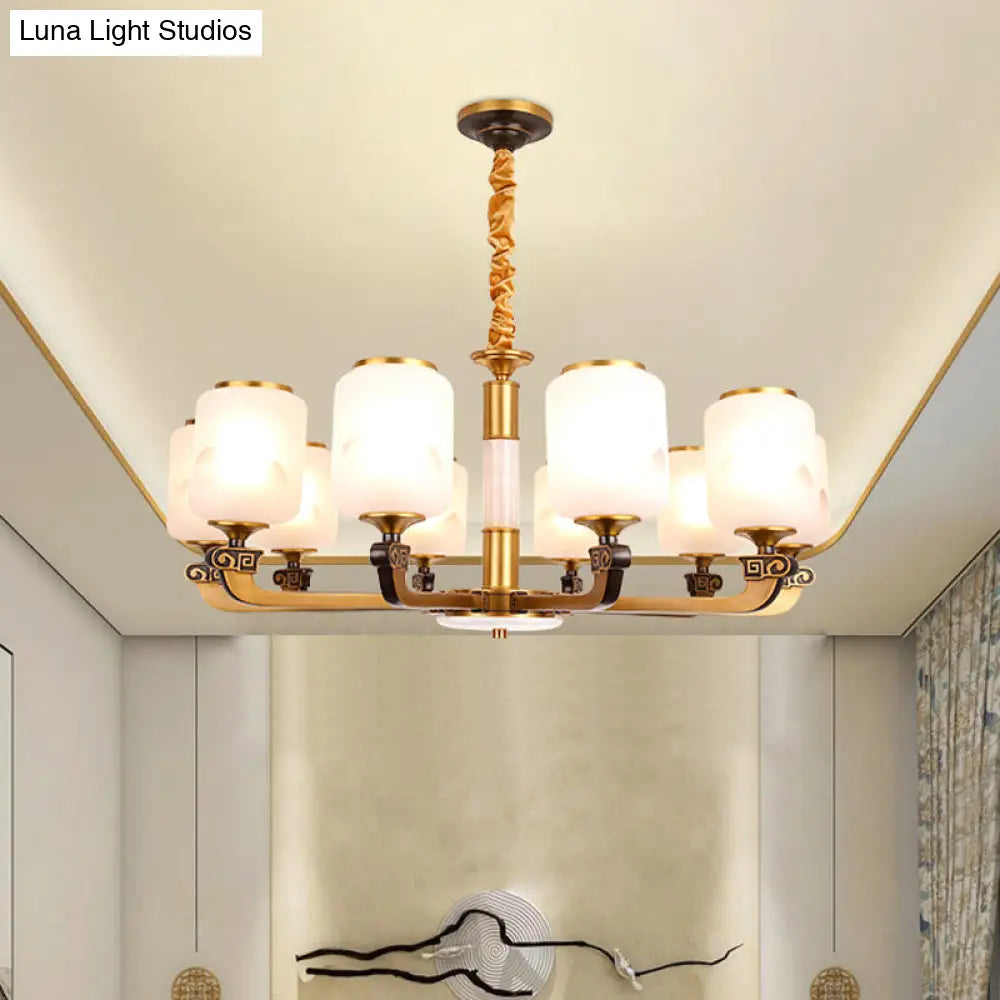 Retro 6/8-Bulb Frosted Glass Cylinder Pendant Light With Landscape Print- Ideal For Living Rooms