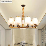 Retro 6/8-Bulb Frosted Glass Cylinder Pendant Light With Landscape Print- Ideal For Living Rooms