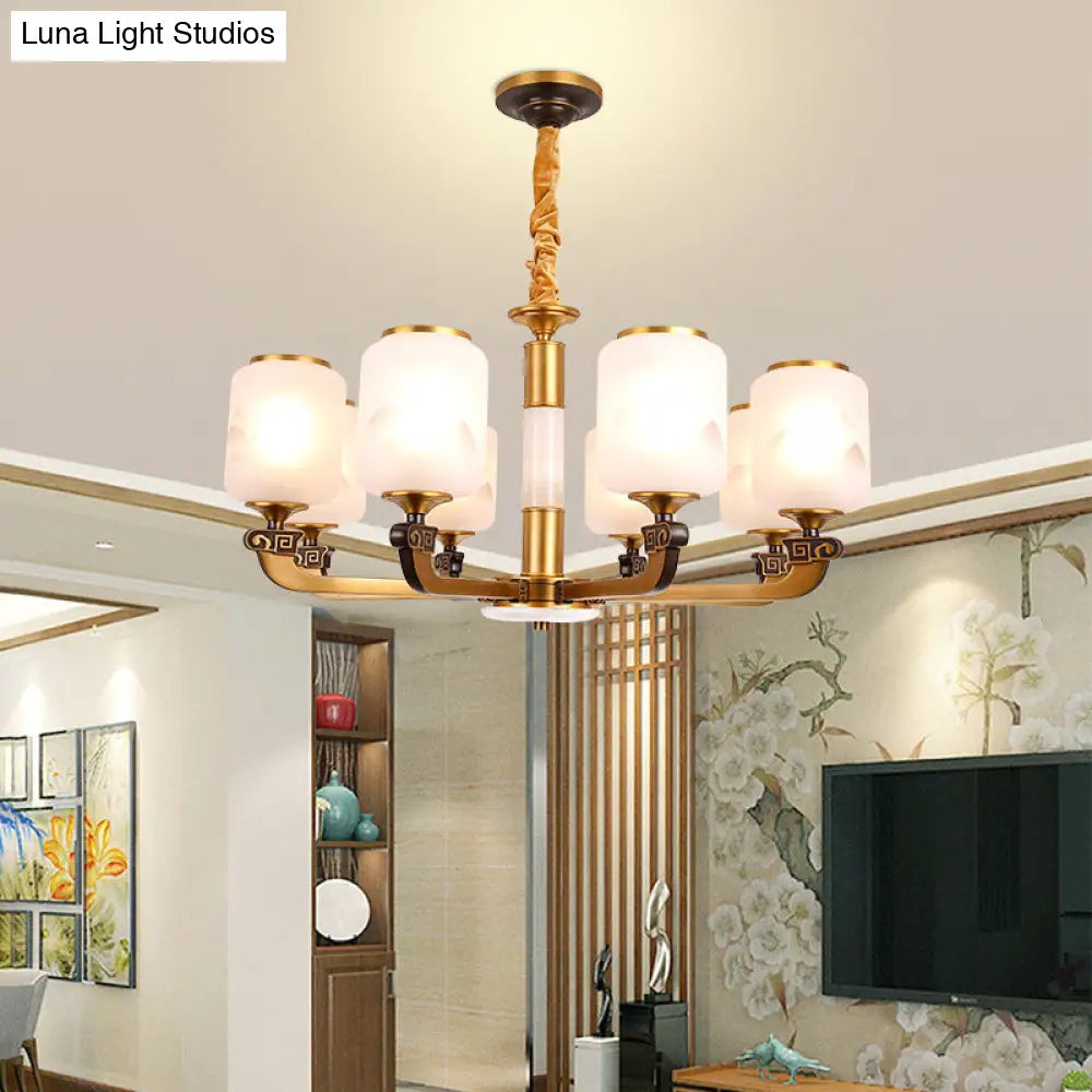 Retro 6/8-Bulb Frosted Glass Cylinder Pendant Light With Landscape Print- Ideal For Living Rooms