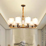 Retro 6/8-Bulb Frosted Glass Cylinder Pendant Light With Landscape Print- Ideal For Living Rooms 8 /
