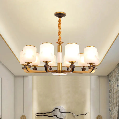 Retro 6/8-Bulb Frosted Glass Cylinder Pendant Light With Landscape Print- Ideal For Living Rooms 8 /
