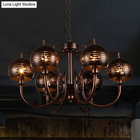 Retro 6-Light Rust Pendant Chandelier With Musical Note Metal – Ideal For Restaurants