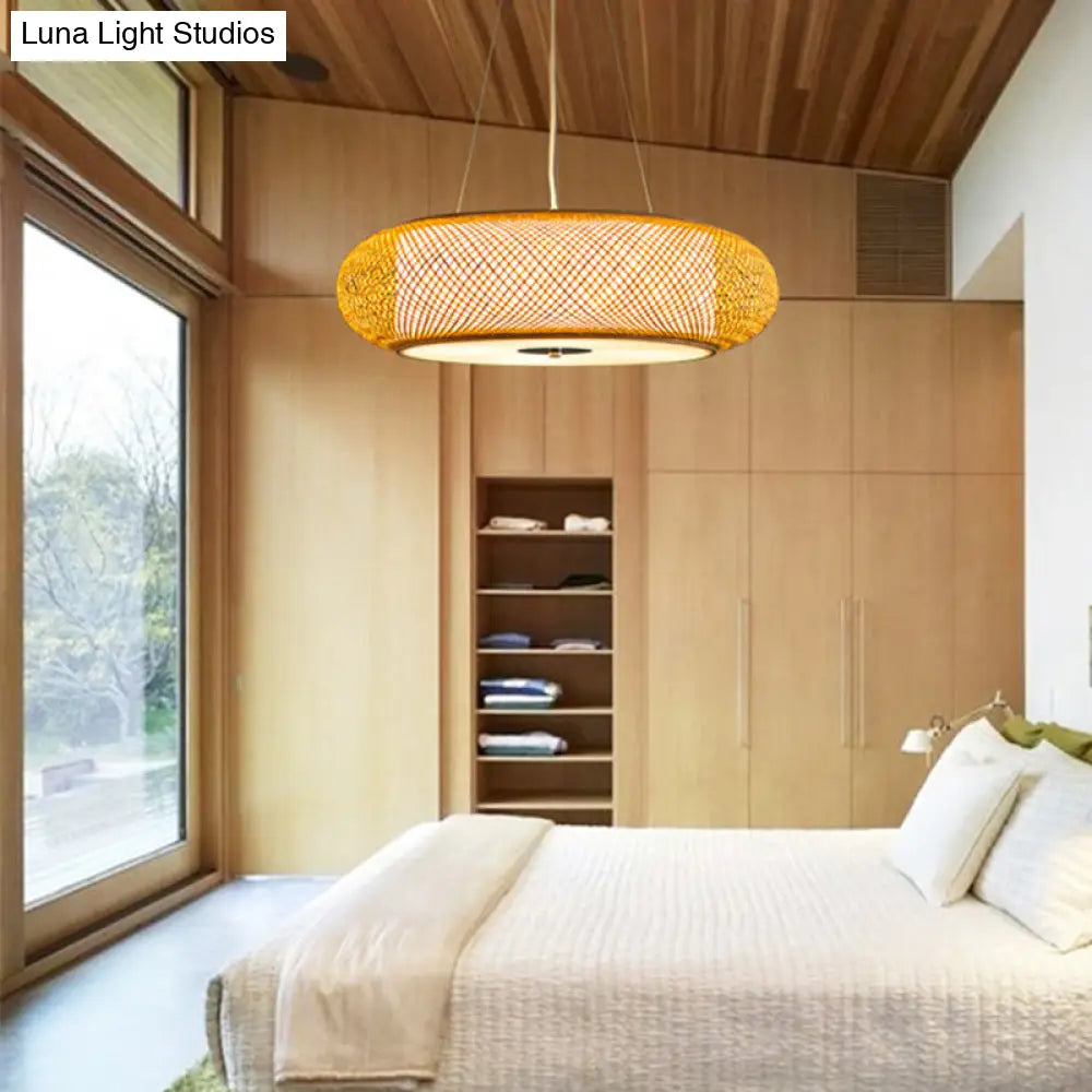 Retro Bamboo Donut Ceiling Lamp - 12’’/16’’/19.5’’ Wide - Wood Hanging Light Fixture with 3 Bulbs