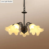 Retro Black Finish Chandelier With Floral Shape Glass Shade - Perfect For Dining Room 3/5/6 Bulb