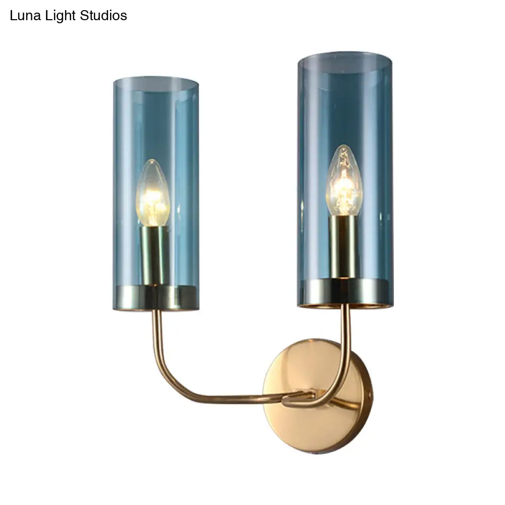 Retro Brass Sconce Wall Mount Lamp With Cylindrical Glass Shade 1/2 Light Fixture For Living Room