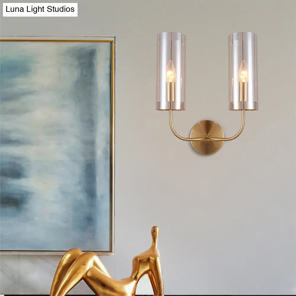Retro Brass Sconce Wall Mount Lamp With Cylindrical Glass Shade 1/2 Light Fixture For Living Room