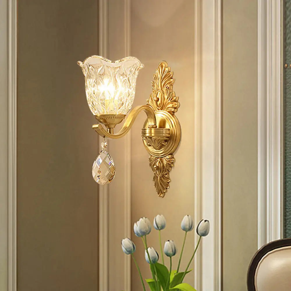 Retro Crystal Flower Wall Lamp - 1 Light Gold Flush Sconce For Living Room