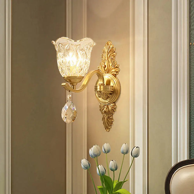 Retro Crystal Flower Wall Lamp - 1 Light Gold Flush Sconce For Living Room