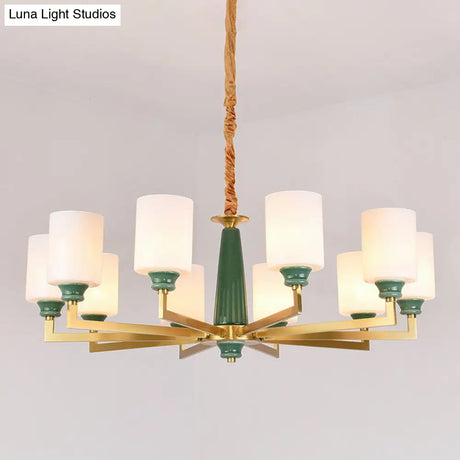 Retro Emerald White Glass Cylindrical Chandelier - Suspended Lighting Fixture With 3/8/12 Lights