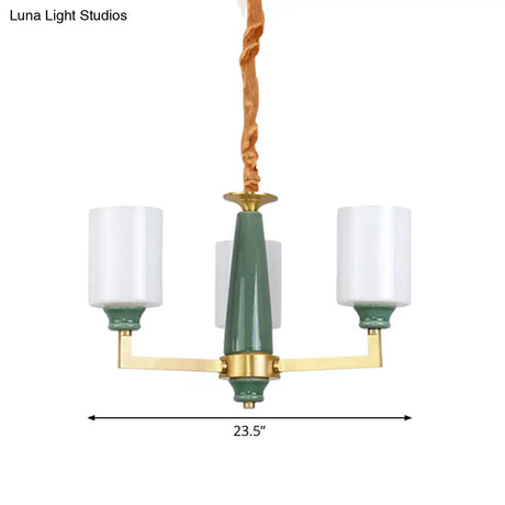 Retro Emerald White Glass Cylindrical Chandelier - Suspended Lighting Fixture With 3/8/12 Lights