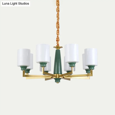 Retro Emerald White Glass Cylindrical Chandelier - Suspended Lighting Fixture With 3/8/12 Lights
