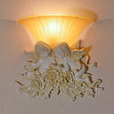 Retro Flared Frosted Glass Wall Lamp - 1-Light Yellow Sconce With Pink/Beige Rose Detail Beige